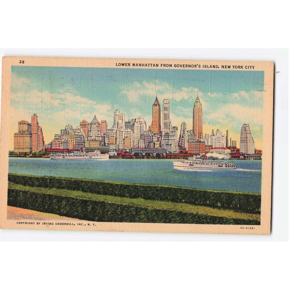 Vintage 1941 Lower Manhattan NYC Skyline Postcard Governors Island Linen